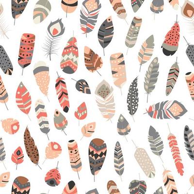 Seamless pattern with boho vintage tribal ethnic colorful vibrant feathers