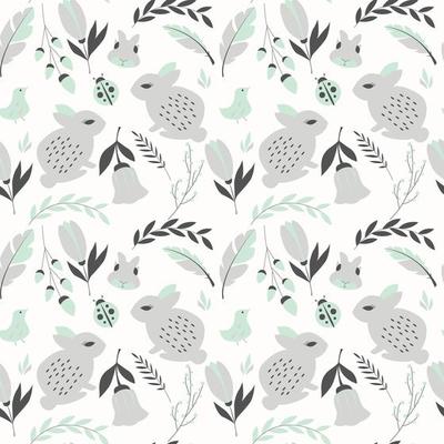 Seamless pattern with rabbits, lady bugs, birds and flowers