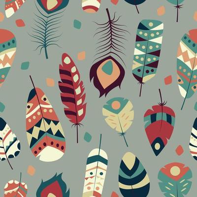 Seamless pattern with boho vintage tribal ethnic colorful vibrant feathers