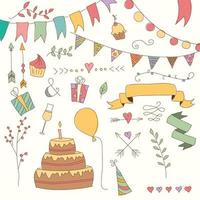 Hand drawn vintage birthday design elements, flowers and floral elements vector