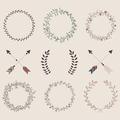 Hand drawn vintage arrows, feathers, dividers and floral elements