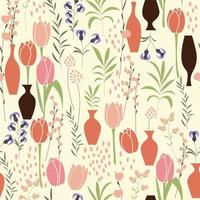 Vector seamless pattern with floral elements, spring flowers, tulips, lilies and vases