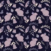 Seamless pattern with rabbits, lady bugs, birds and flowers vector