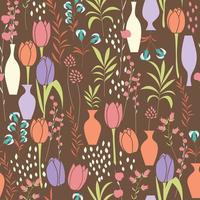 Vector seamless pattern with floral elements, spring flowers, tulips, lilies and vases