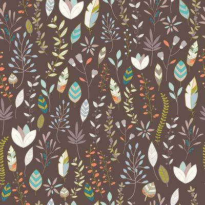 Seamless pattern design with hand drawn flowers, floral elements and feathers