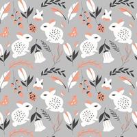 Seamless pattern with rabbits, lady bugs, birds and flowers vector