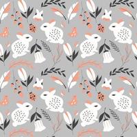 Seamless pattern with rabbits, lady bugs, birds and flowers vector