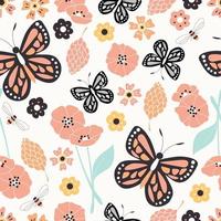 Seamless pattern with flowers, floral elements and butterflies, nature life vector