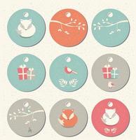 Collection of 9 round Christmas and New Year gift tags with foxes, birds and branches vector