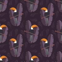 Seamless pattern with cute jungle parrot toucan on purple background vector