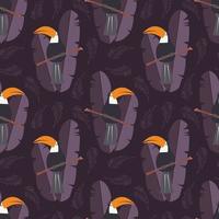 Seamless pattern with cute jungle parrot toucan on purple background vector