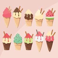 Collection of delicious tasty ice cream scoops and cones, summer treat vector