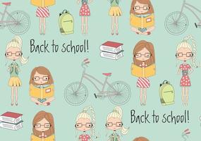 Back to school seamless pattern with school girls, bicycle and books vector