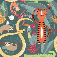 Seamless pattern with cute rain forest animals, tiger, snake, and sloth vector