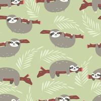 Seamless pattern with cute jungle sloths on green background vector