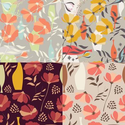 Collection of four vector seamless patterns with floral elements
