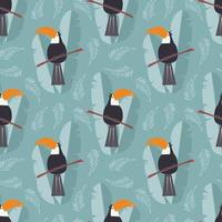 Seamless pattern with cute jungle parrot toucan on blue background vector