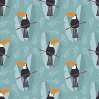 Seamless pattern with cute jungle parrot toucan on blue background vector