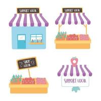 support local business, shop small market, building farm products store icons vector