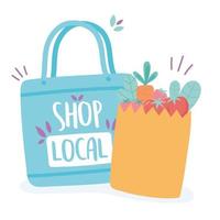 support local business, shop small market eco and paper bag with food vector