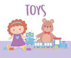 objeto de juguetes para que los niños pequeños jueguen muñeca de dibujos animados tren de oso y robot vector