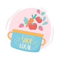 Apoyar los negocios locales, comprar ollas de cocina del mercado pequeño con frutas y verduras. vector