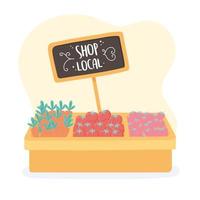 support local business, shop small market, fresh natural organic products on counter vector