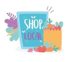 support local business, shop small market, board and paper bag with food vector