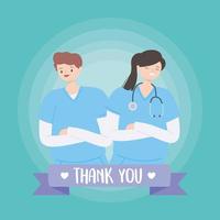 thank you doctors and nurses, female and male nurse in uniform cartoon vector