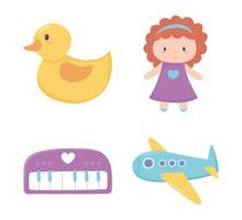 Objeto de juguetes para que los niños pequeños jueguen, muñeco de dibujos animados, avión de pato e instrumento musical. vector