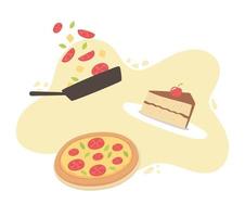 food piece cake pizza and saucepan with food cartoon vector