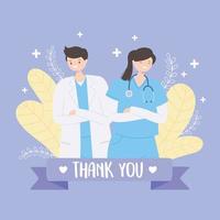 thank you doctors and nurses, physician and female nurse team vector