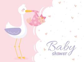 baby shower, girl in blanket with stork welcome newborn celebration card vector