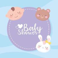 baby shower, adorable boy bear rabbit faces welcome newborn celebration label vector