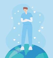 thank you doctors and nurses, male nurse standing on world cartoon vector