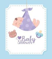 baby shower, little boy in blanket bear pacifier welcome newborn celebration card vector