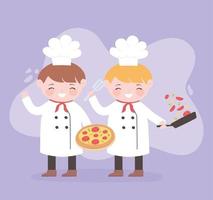 chefs, niños, caricatura, carácter, con, pizza, y, ensalada, en, cacerola vector