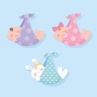 baby shower, colgar bebés y conejos en mantas, tarjeta de celebración de bienvenida para recién nacidos vector