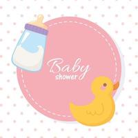 baby shower, botella de leche y juguete de pato bienvenido banner de celebración de recién nacido vector