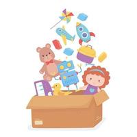 caja de cartón llena de juguetes objeto para que los niños pequeños jueguen dibujos animados vector
