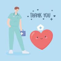 gracias doctores y enfermeras, doctor con botiquín de primeros auxilios y dibujos animados de corazón vector