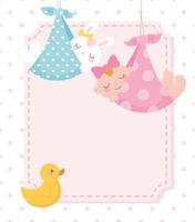 baby shower, colgando de una niña y un conejito en una manta con un pato, tarjeta de celebración de bienvenida al recién nacido vector