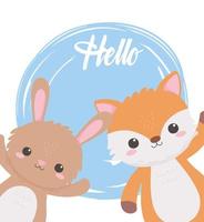 cute rabbit and fox cartoon animals hello background design vector