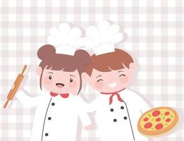 cute girl and boy chefs cartoon character with roller pin and pizza vector