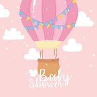 baby shower, flying hot air balloon sky, welcome newborn celebration card vector