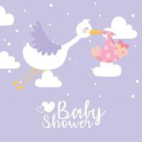 baby shower, cigüeña voladora con niña en pico, tarjeta de celebración de bienvenida recién nacida vector