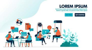 lluvia de ideas para resolver el problema. Oficina de puesta en marcha con columpio. lugar de trabajo moderno o espacio de coworking. jugar y trabajar. ilustración vectorial plana para página de destino, web, sitio web, banner, móvil, folleto, cartel vector