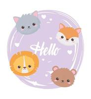 cute cat fox lion and bear faces adorable cartoon animals vector