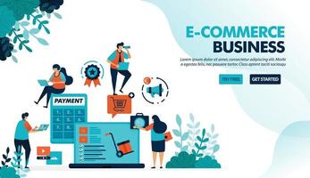 Ecosystem in e-commerce business. Starting choosing product, payment shipping method. Calculator for bagets. Flat vector illustration for landing page, website, banner, mobile apps, flyer, poster