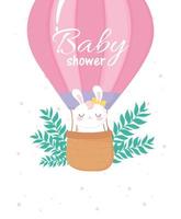 baby shower, female bunny in hot air balloon, welcome newborn celebration card vector